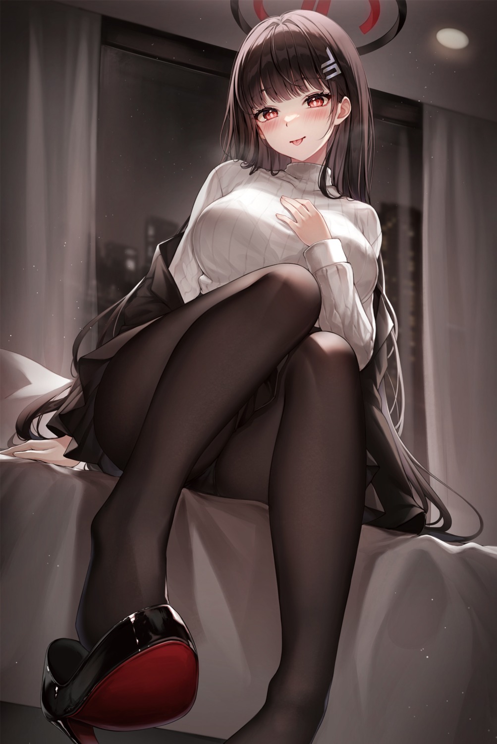 blue_archive bra breast_hold halo heels kuca_(ku_ca18) pantsu pantyhose see_through skirt_lift sweater tsukatsuki_rio