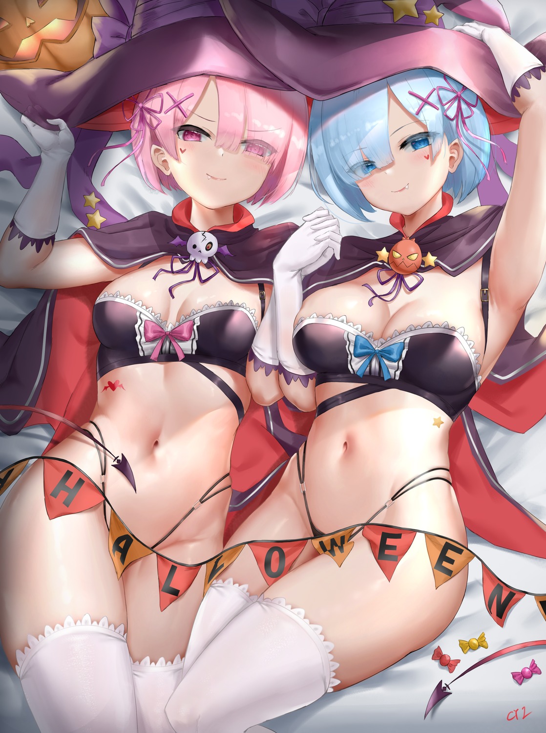 cyicheng halloween no_bra pantsu ram_(re_zero) re_zero_kara_hajimeru_isekai_seikatsu rem_(re_zero) tattoo thighhighs witch