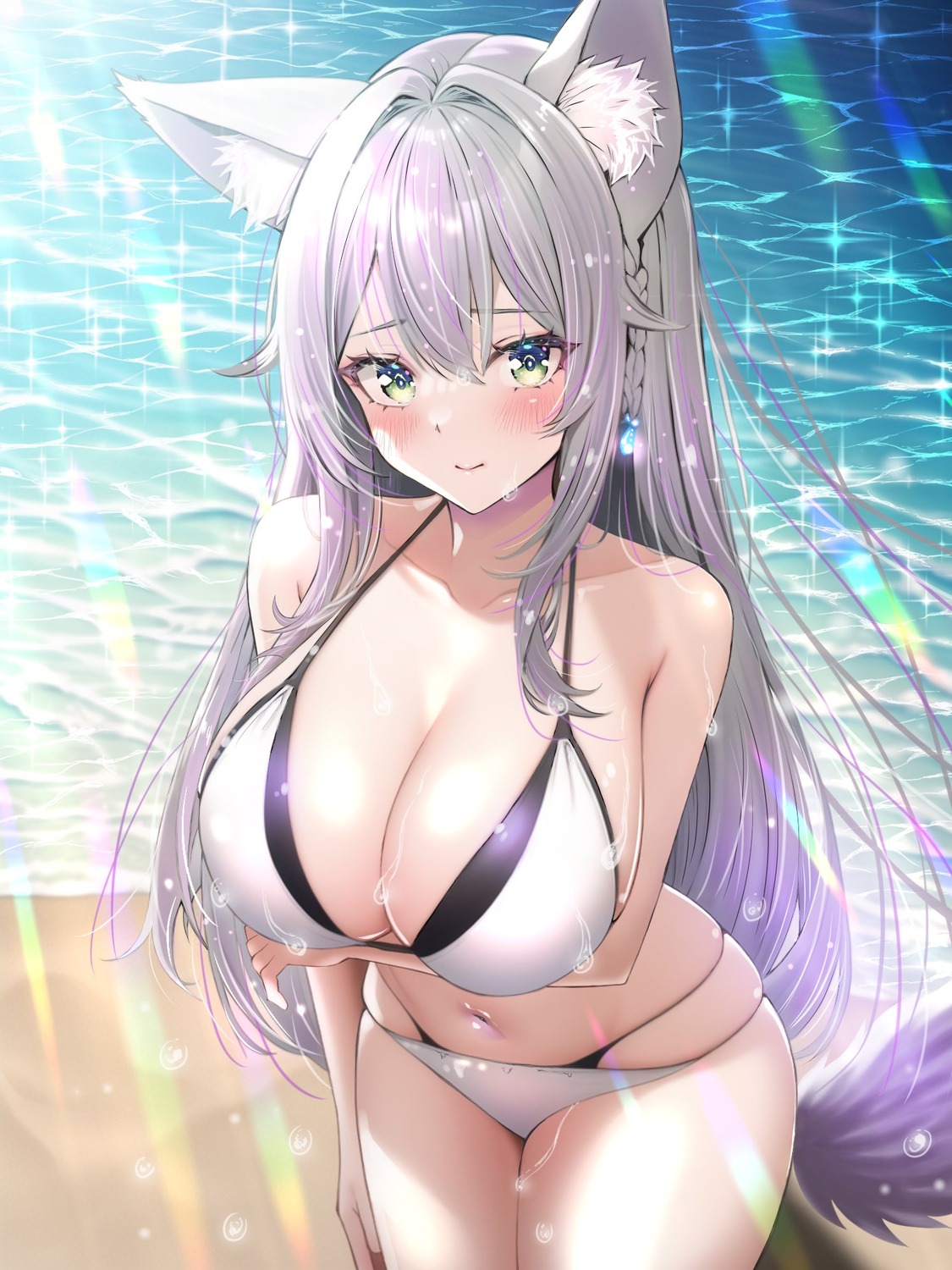 animal_ears bikini breast_hold swimsuits tail uonu_mayuu wet