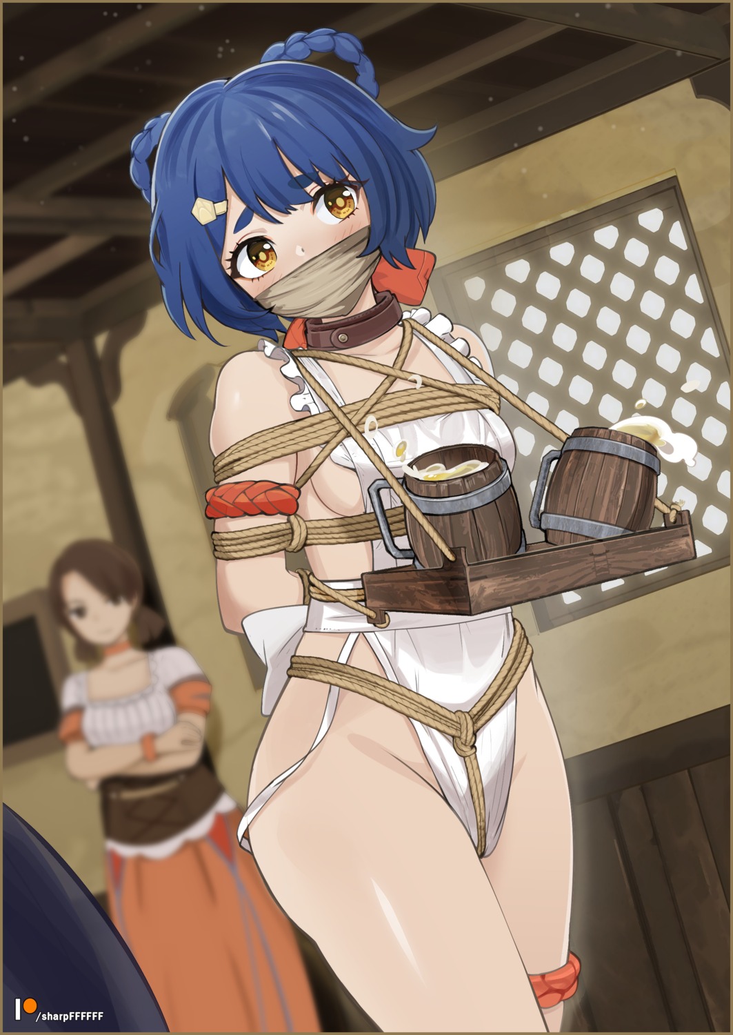 bondage garter genshin_impact naked_apron sharpffffff waitress xiangling