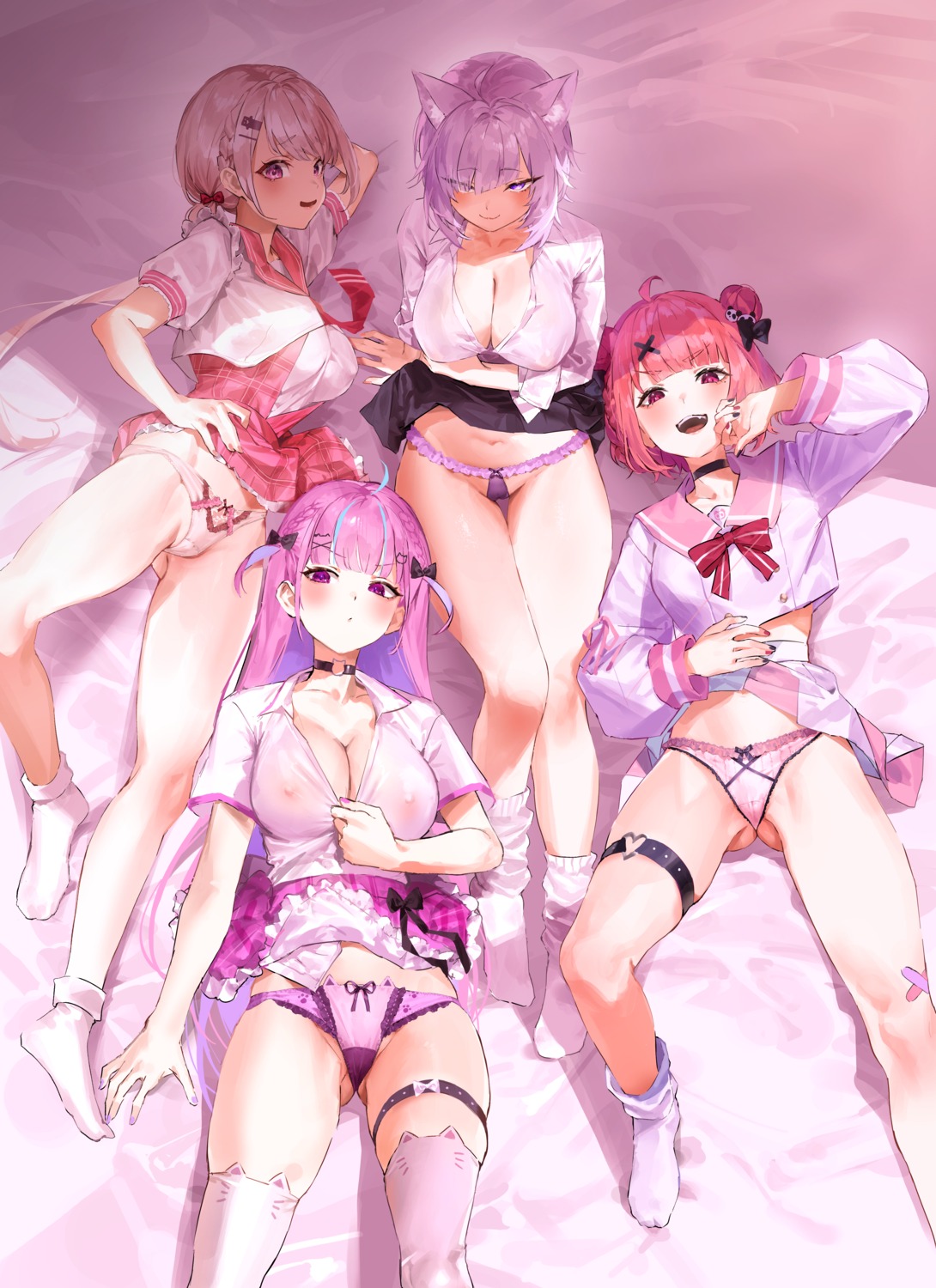 animal_ears bandaid cameltoe crossover garter hololive hololive_gamers kuroi_suna minato_aqua nekomata_okayu nekomimi nijisanji nijisanji_gamers nipples no_bra open_shirt pantsu sasaki_saku see_through seifuku shiina_yuika skirt_lift thighhighs thong