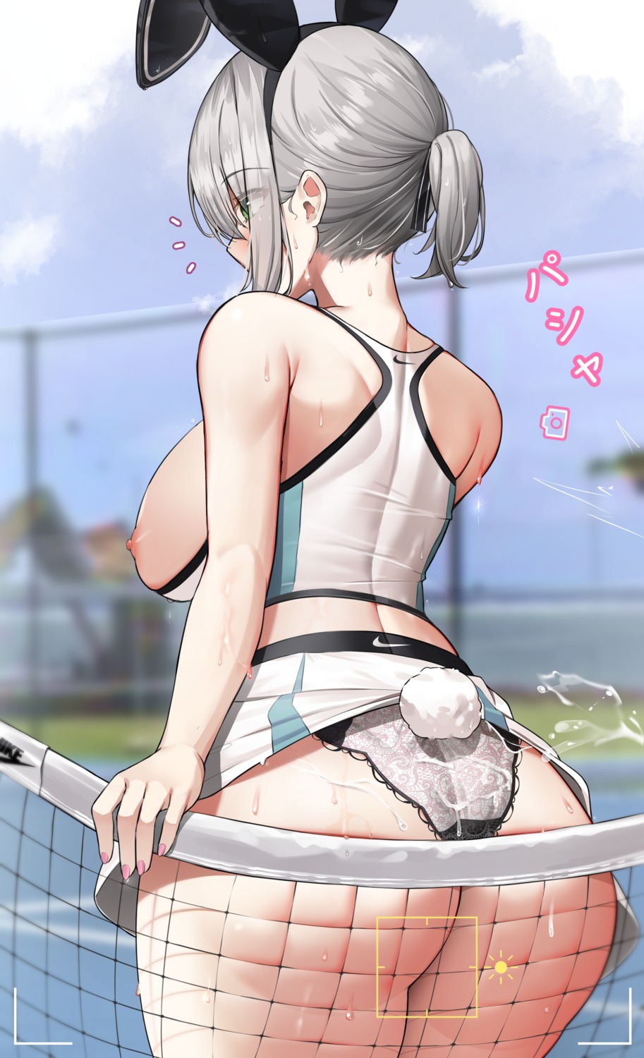 animal_ears ass breasts bunny_ears hololive kuse_(0201) nipples no_bra pantsu shirogane_noel skirt_lift tail tennis thong