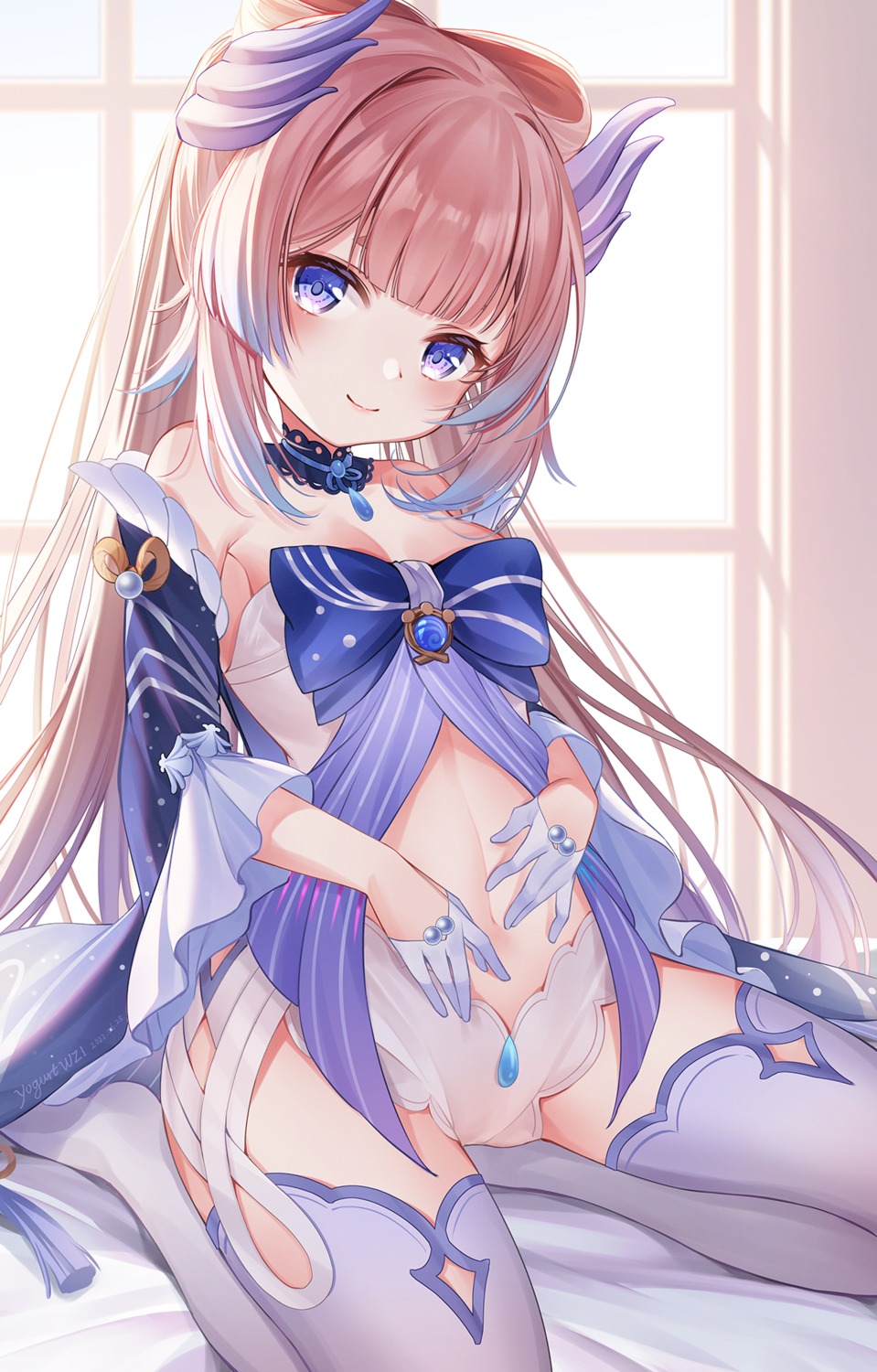 genshin_impact no_bra nopan sangonomiya_kokomi see_through suannai_wanzi thighhighs