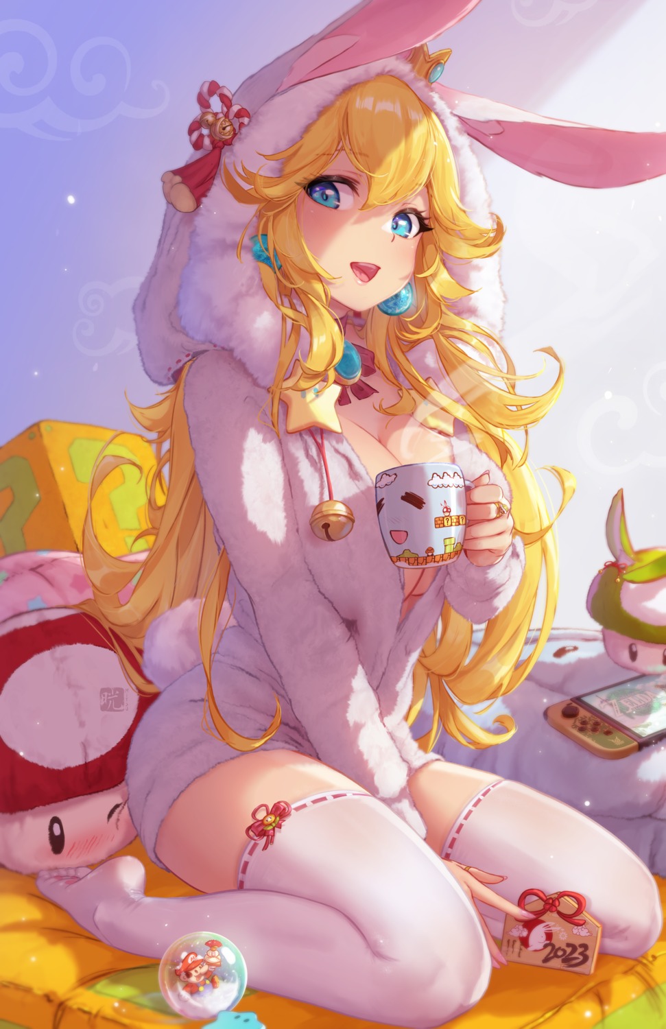 animal_ears bunny_ears mario_bros. mitsu_(mitsu_art) no_bra open_shirt pajama princess_peach_toadstool tail thighhighs