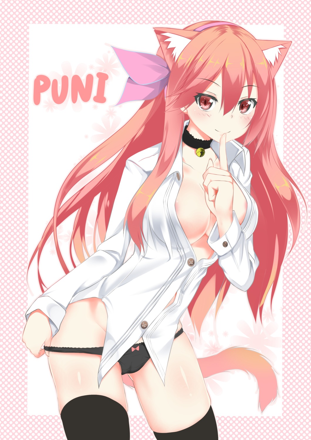 animal_ears areola cameltoe nekomimi no_bra open_shirt pantsu panty_pull punepuni tail thighhighs undressing