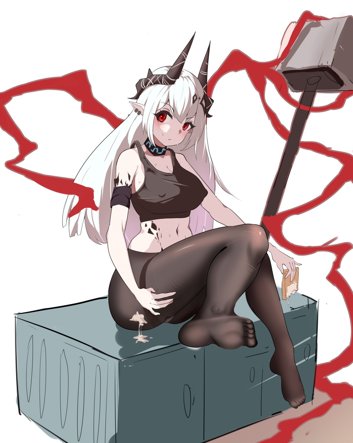 arknights cream erect_nipples feet horns mudrock_(arknights) pantyhose xuxuxu