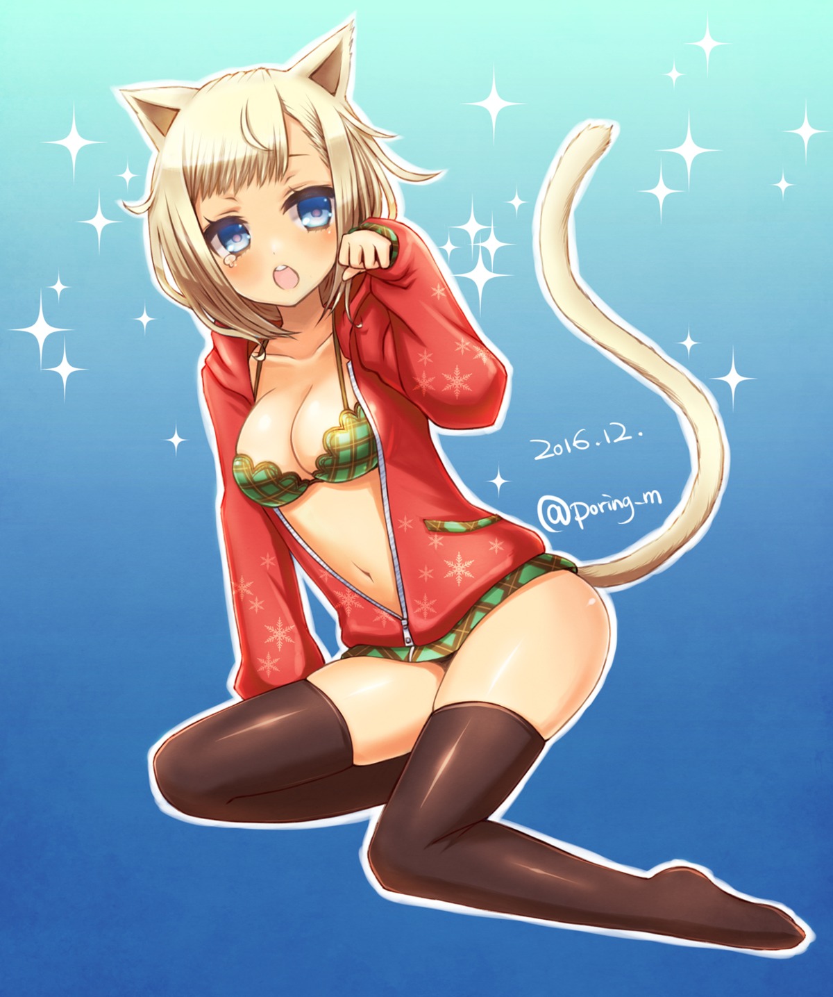 animal_ears bra cleavage miyamae_porin nekomimi open_shirt tail thighhighs