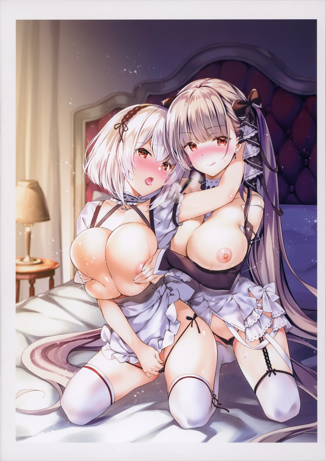 azur_lane breast_grab formidable_(azur_lane) masturbation nipples open_shirt pantsu rei sirius_(azur_lane) skirt_lift string_panties yuri