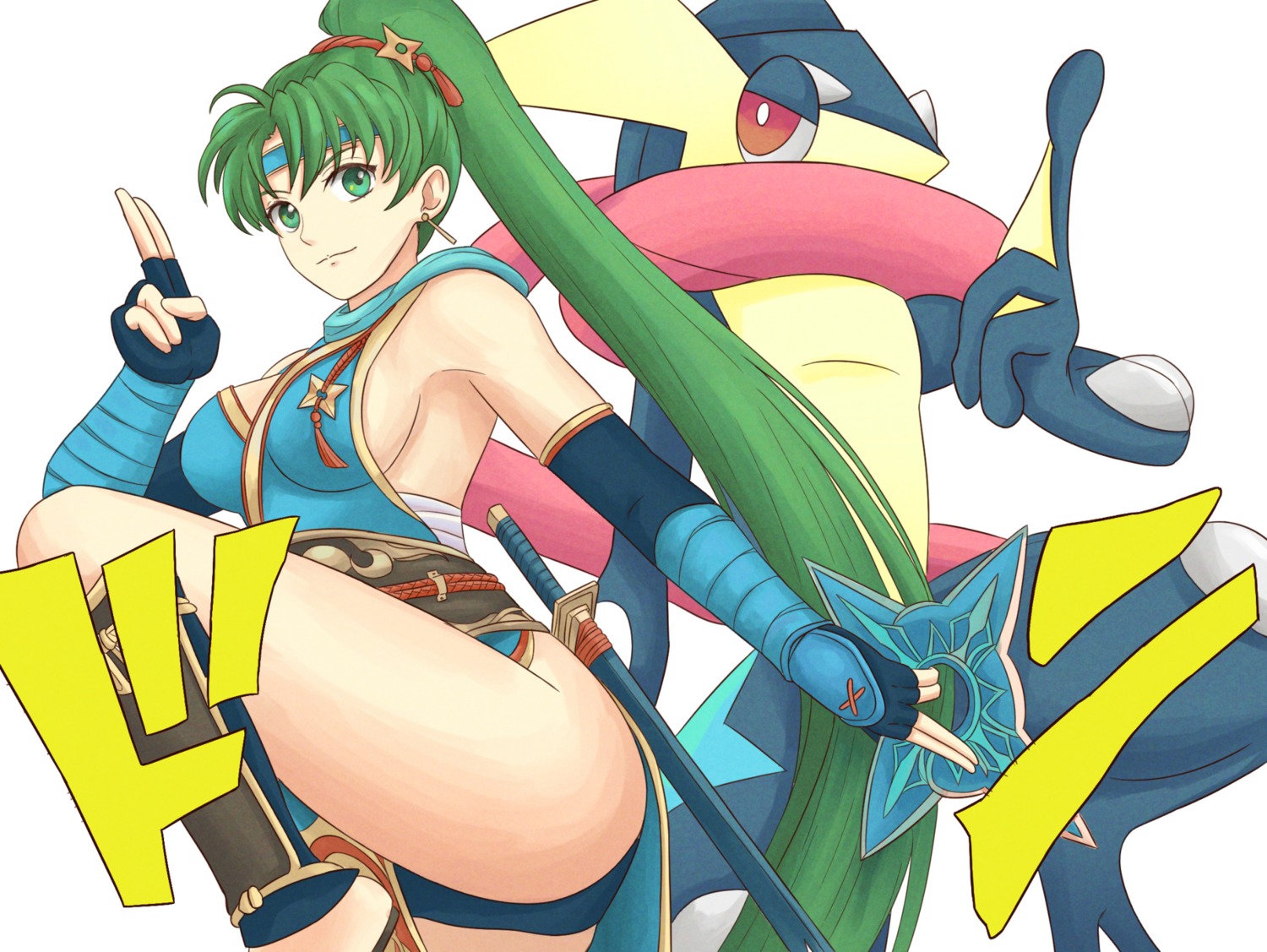 ass bandages crossover fire_emblem fire_emblem:_rekka_no_ken greninja japanese_clothes lyndis_(fire_emblem) ninja no_bra pantsu pokemon truejekart weapon