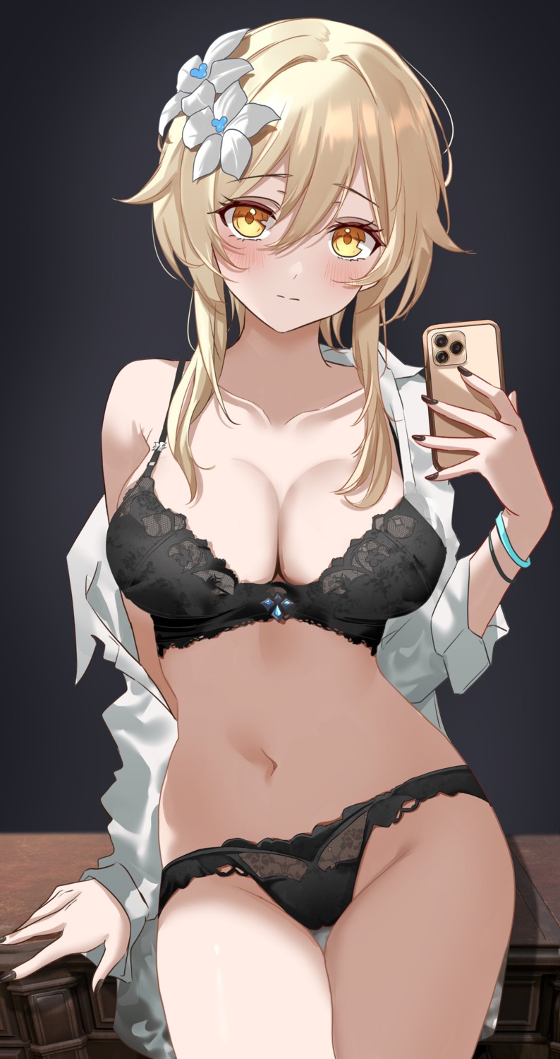 bra cameltoe genshin_impact lumine open_shirt pantsu selfie vayneeeee