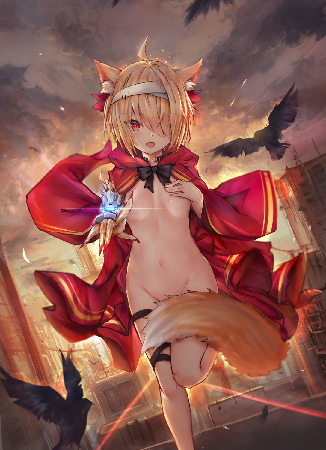 animal_ears bandages breast_hold garter kitsune loli luminous naked_cape tail