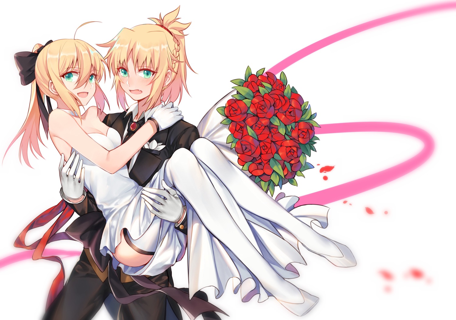 cleavage dress fate/grand_order mordred_(fate) saber saber_lily thighhighs yorukun