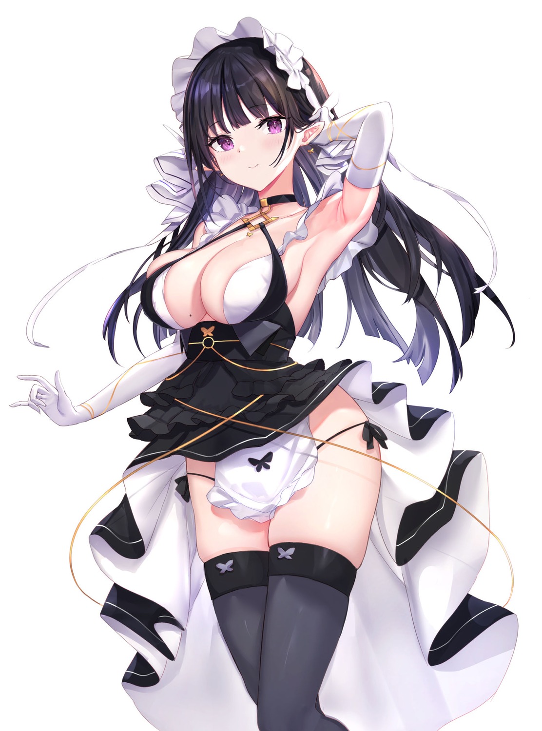 haishiki maid pantsu pointy_ears skirt_lift string_panties thighhighs