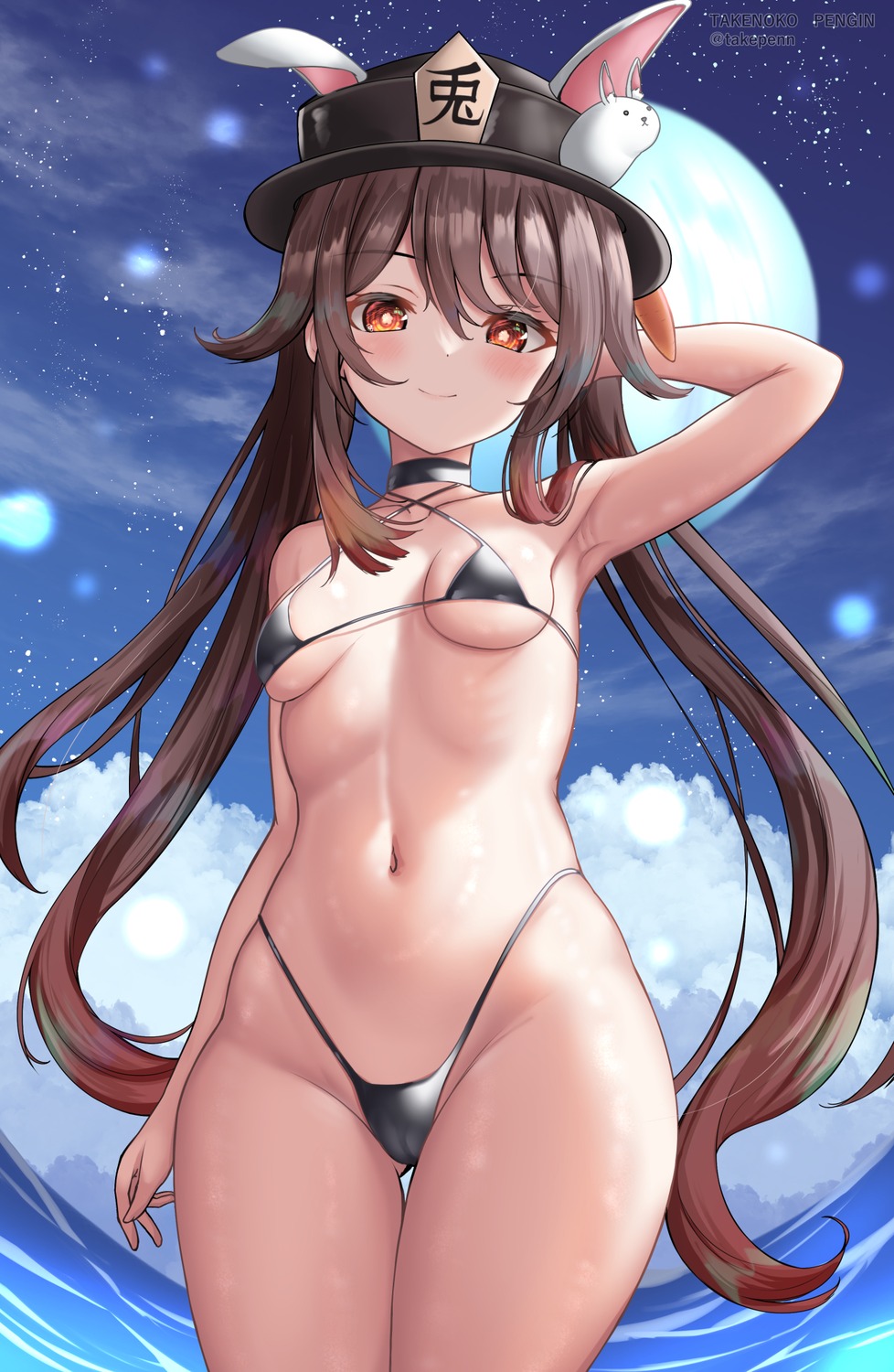 animal_ears bikini bunny_ears cameltoe genshin_impact hu_tao swimsuits takenoko_pengin thong