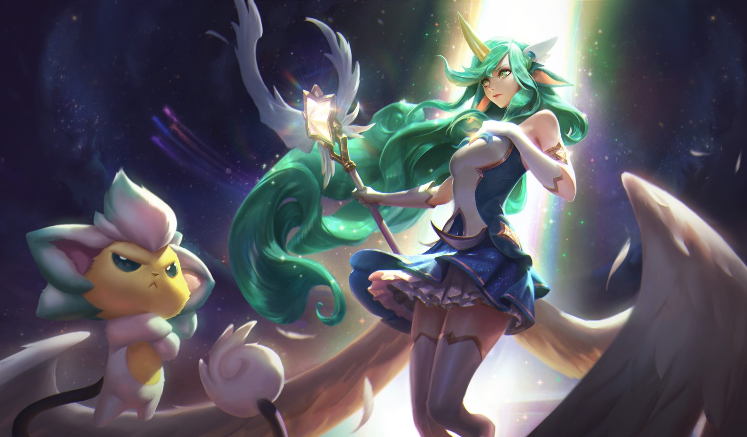canastus horns league_of_legends pointy_ears soraka tail thighhighs weapon