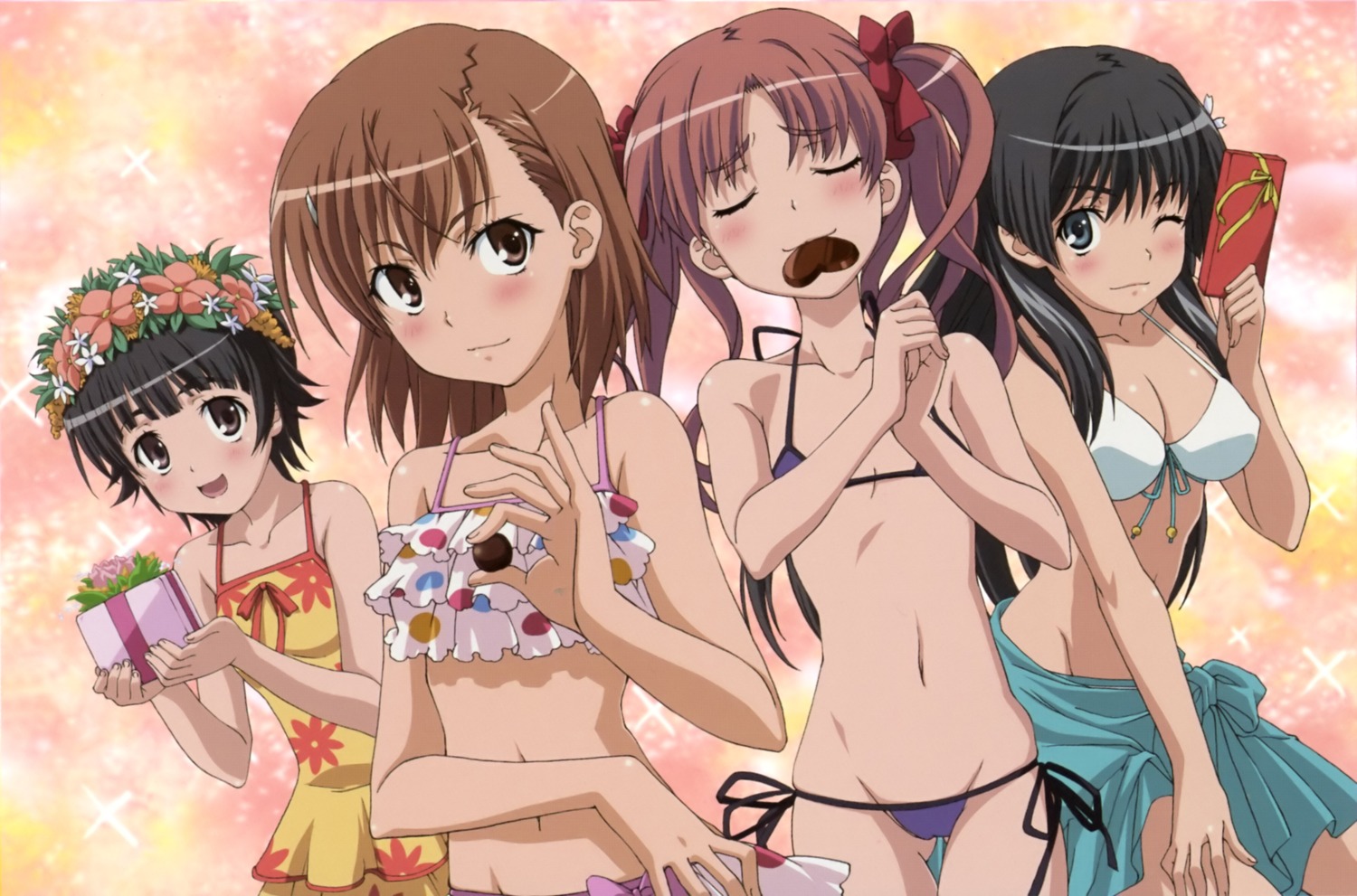 aliasing bikini cleavage misaka_mikoto saten_ruiko screening shirai_kuroko swimsuits to_aru_kagaku_no_railgun to_aru_majutsu_no_index uiharu_kazari valentine yanagi_shinsuke