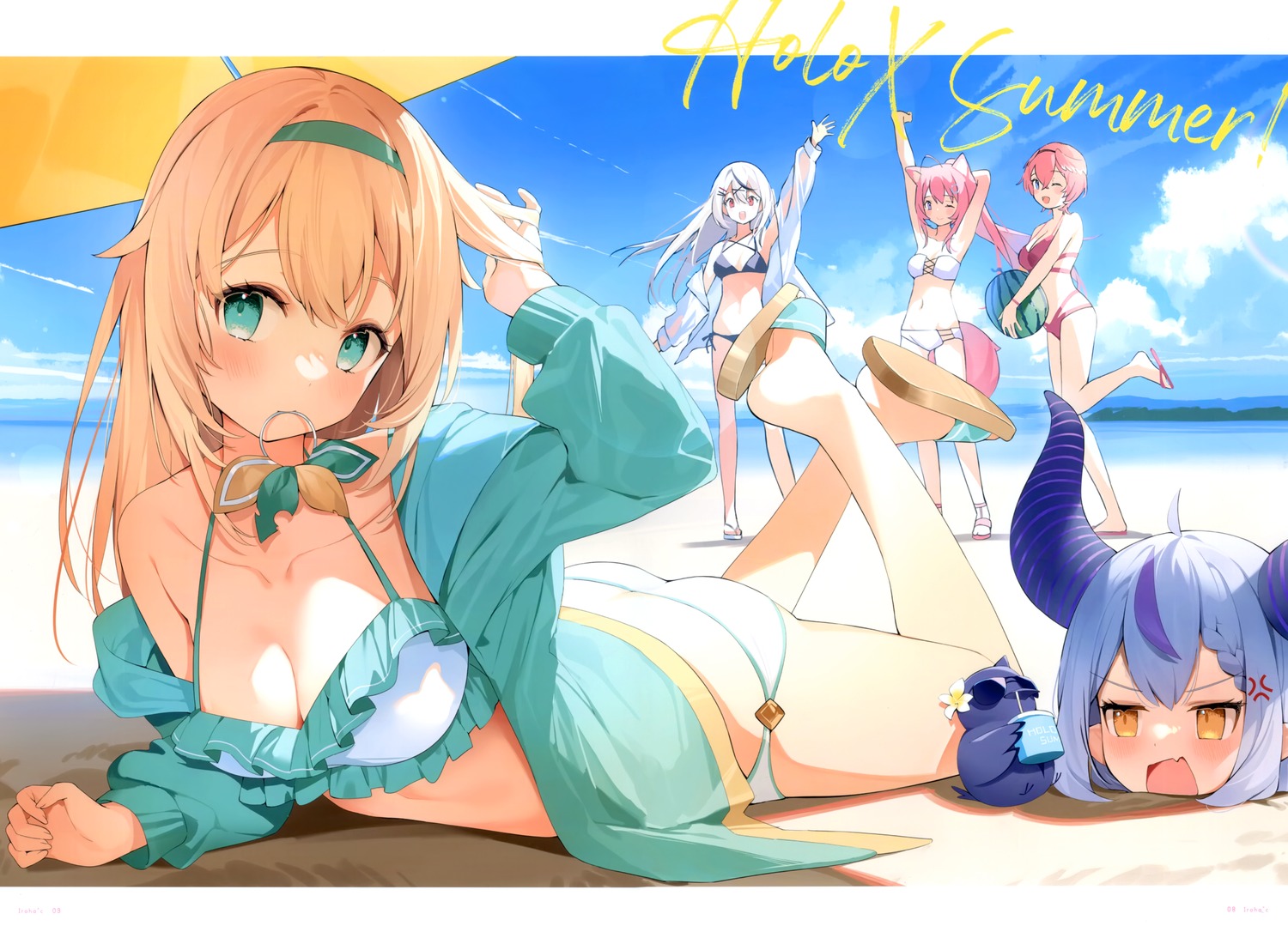 animal_ears bikini cleavage crow_(la+_darknesss) falenini's hakui_koyori hakuouin_ayaka hana_mori hololive horns kazama_iroha la+_darknesss open_shirt pointy_ears sakamata_chloe see_through swimsuits tail takane_lui wings