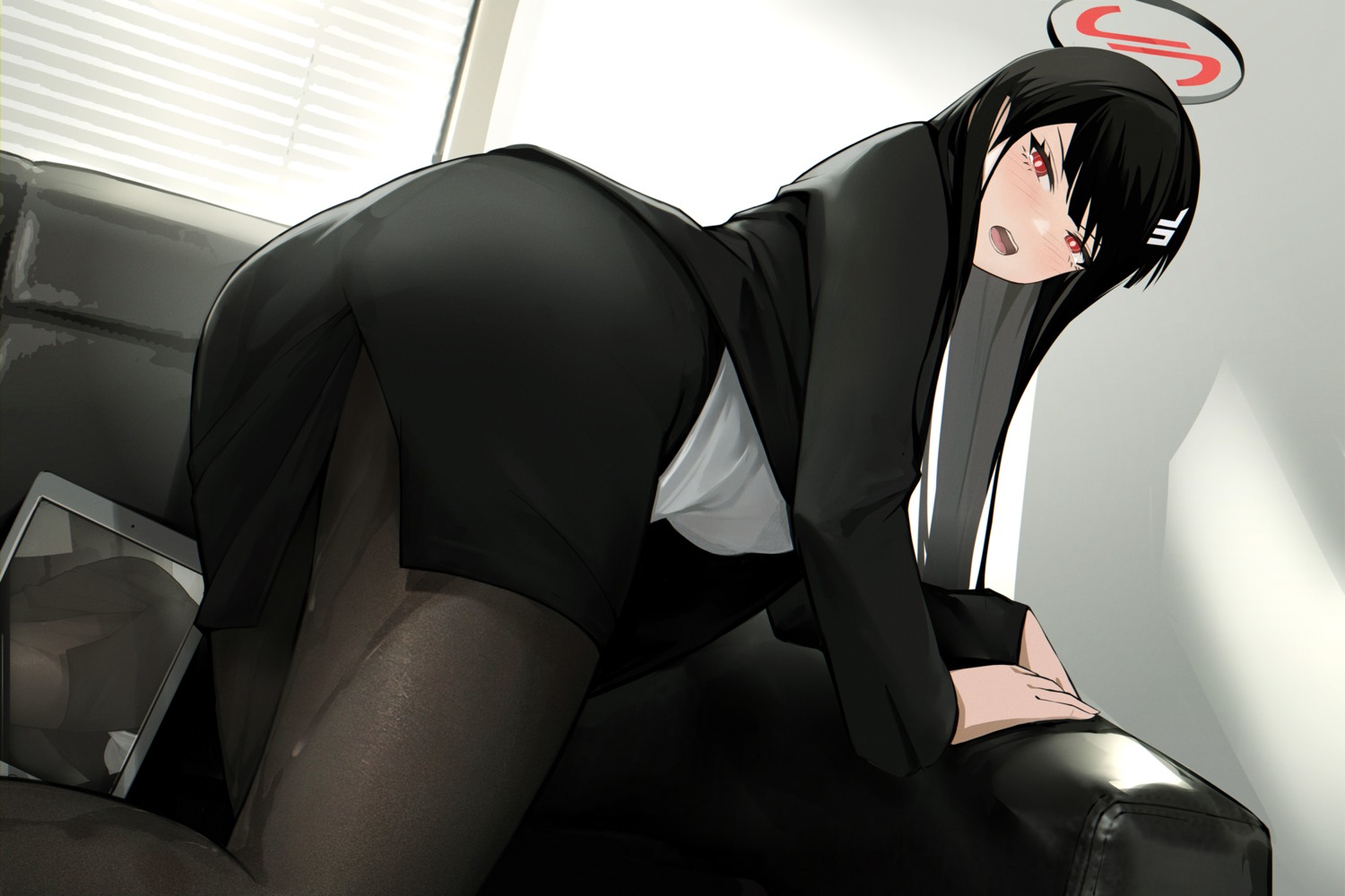 ass blackcat_enjia blue_archive business_suit halo pantyhose pussy_juice tsukatsuki_rio