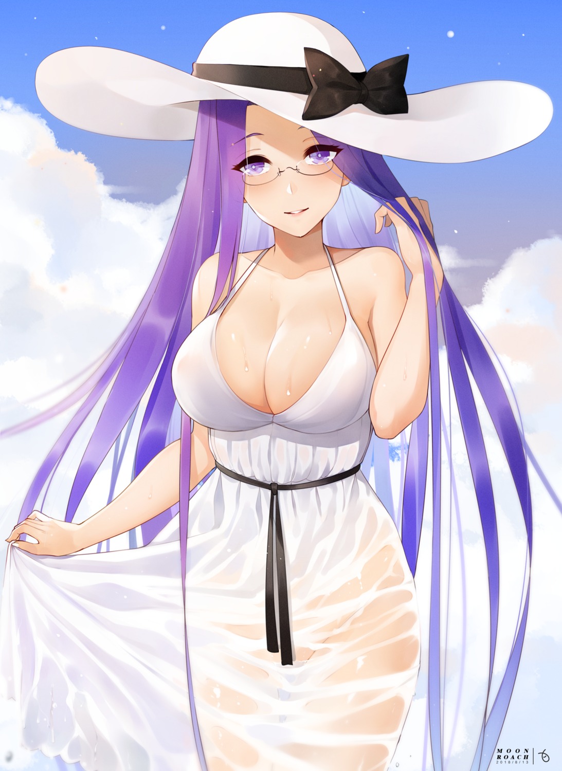 cleavage dress fate/stay_night megane nopan rider see_through skirt_lift summer_dress wet_clothes yueguang_zhanglang