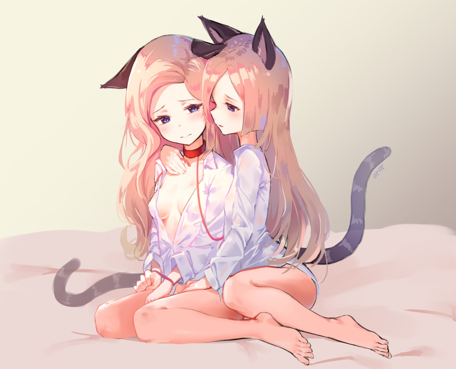 aak animal_ears bottomless no_bra open_shirt tail yuri