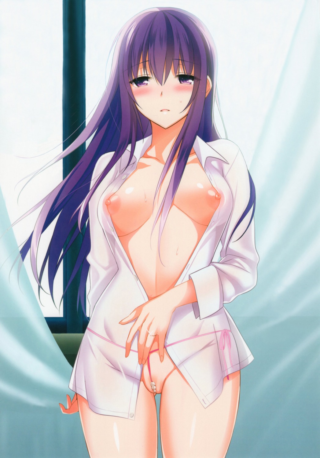 abgrund breasts detexted dress_shirt nipples no_bra open_shirt pantsu pussy saikawa_yusa see_through string_panties thong