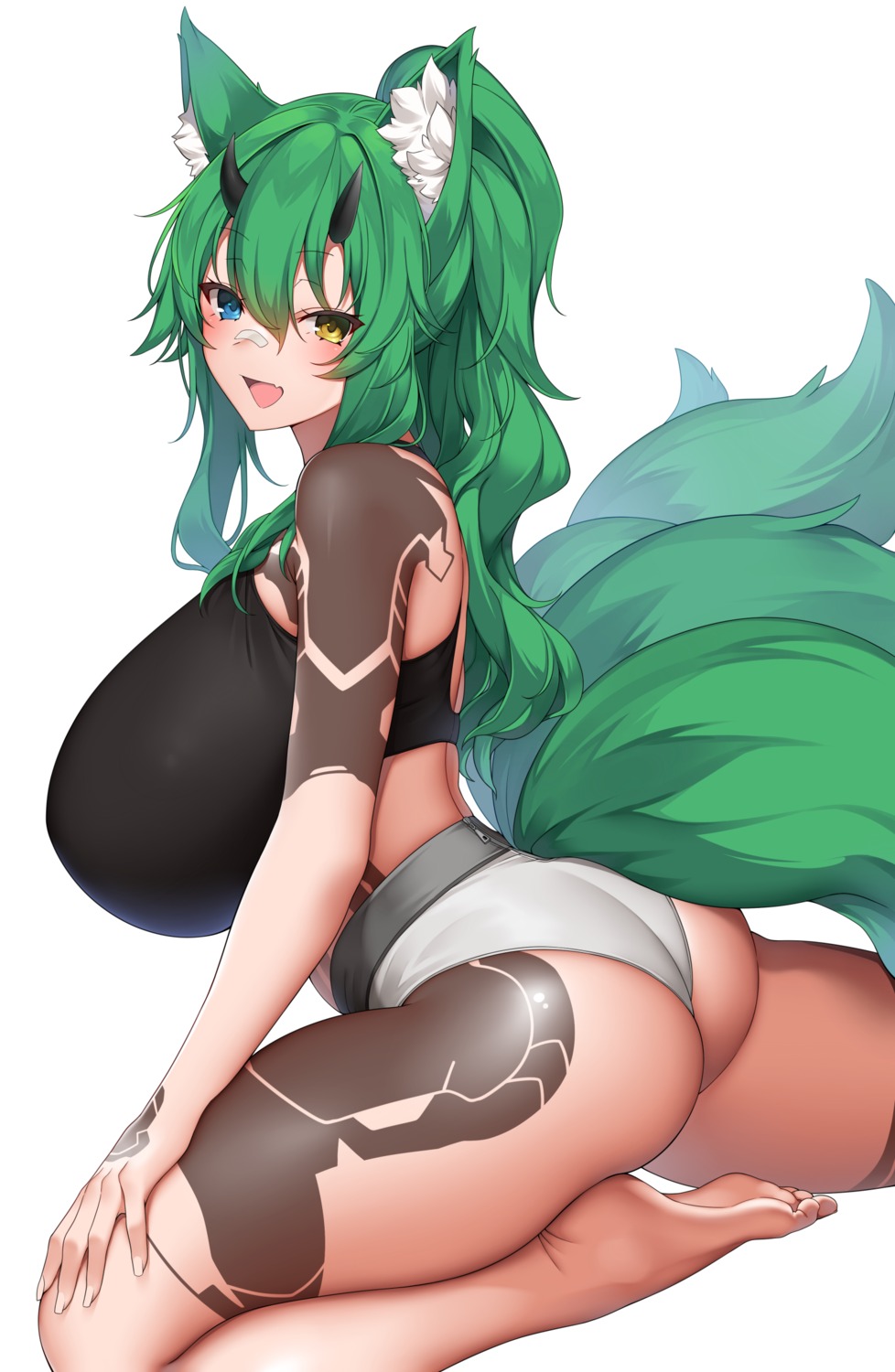 animal_ears ass bandaid heterochromia kitsune pantsu suruga_(xsurugax) tail tattoo thong