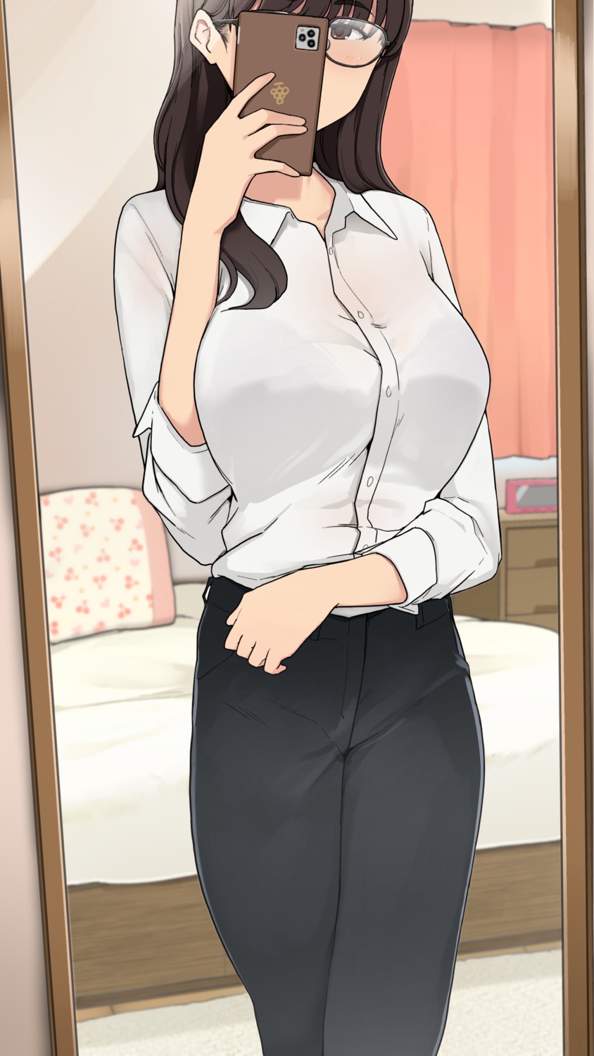 bra dress_shirt megane otayama see_through selfie