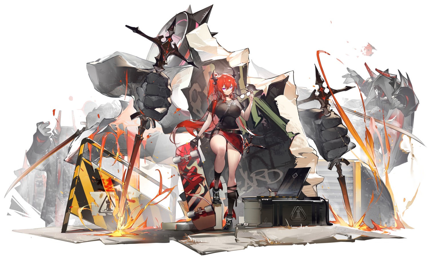 arknights horns skirt_lift surtr_(arknights) yushi_quetzalli