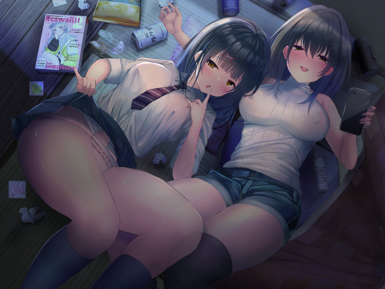 cum erect_nipples no_bra pantsu see_through seifuku shiroiruka skirt_lift sweater thighhighs