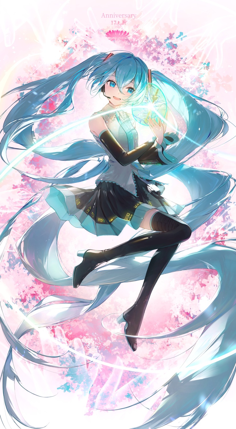 hatsune_miku headphones heels kamatoyu skirt_lift thighhighs vocaloid