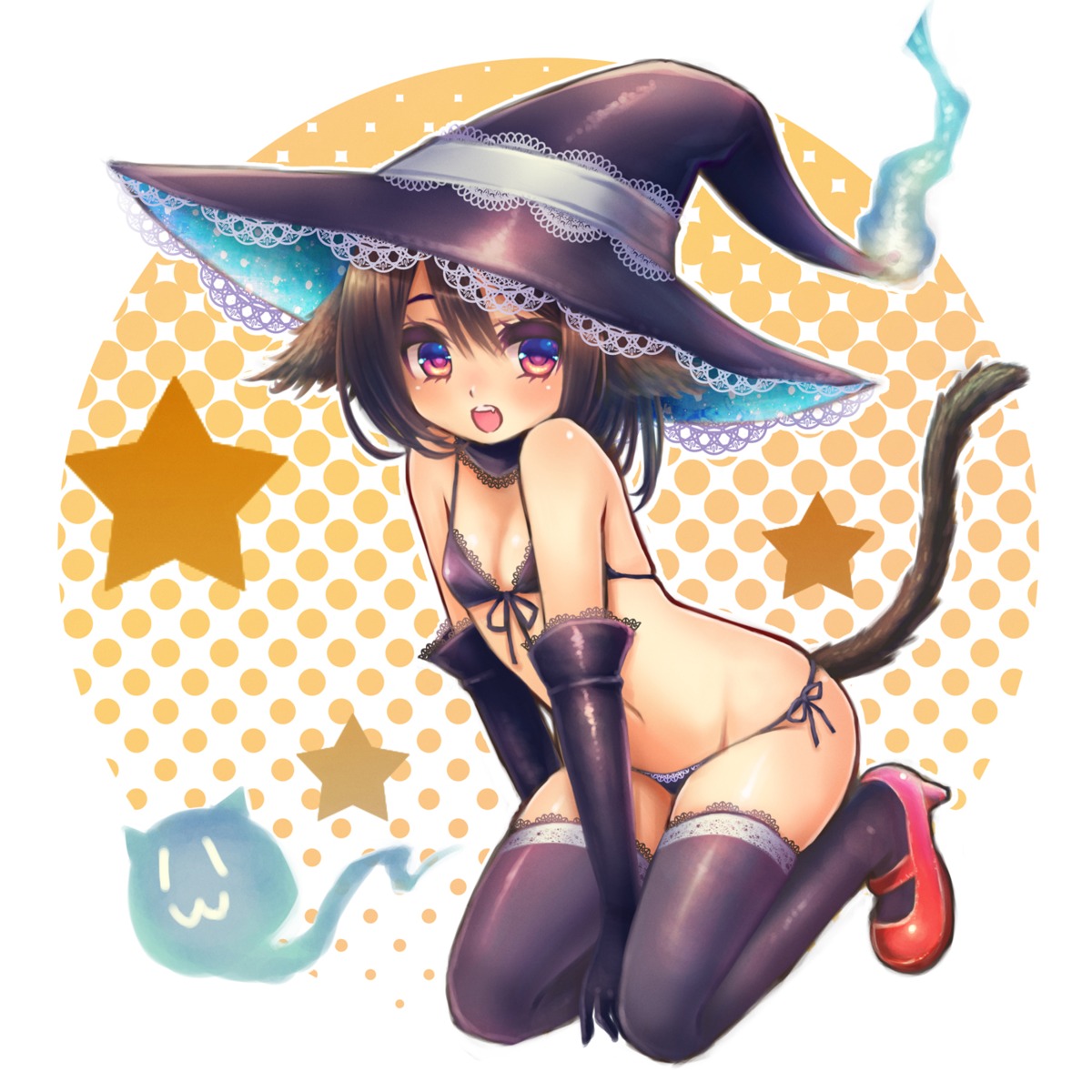 animal_ears bikini cleavage heels miyamae_porin nekomimi swimsuits tail thighhighs witch