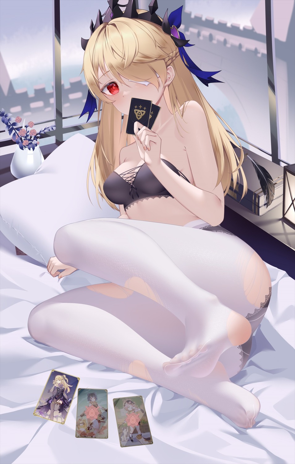 bingchuan_xian_yu_huang bra eyepatch feet fischl genshin_impact pantsu pantyhose see_through torn_clothes