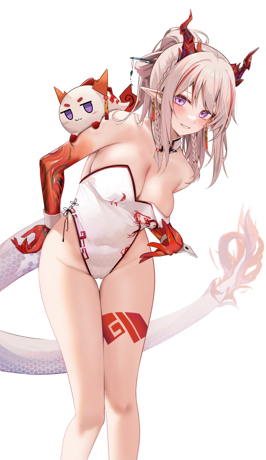 arknights cameltoe horns leotard nian_(arknights) no_bra pointy_ears ru_zhai tail tattoo undressing