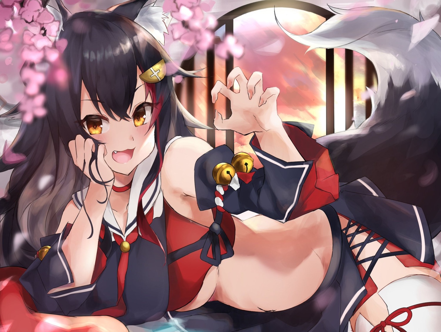 animal_ears hololive hololive_gamers kyoro_ina no_bra ookami_mio seifuku tail thighhighs underboob