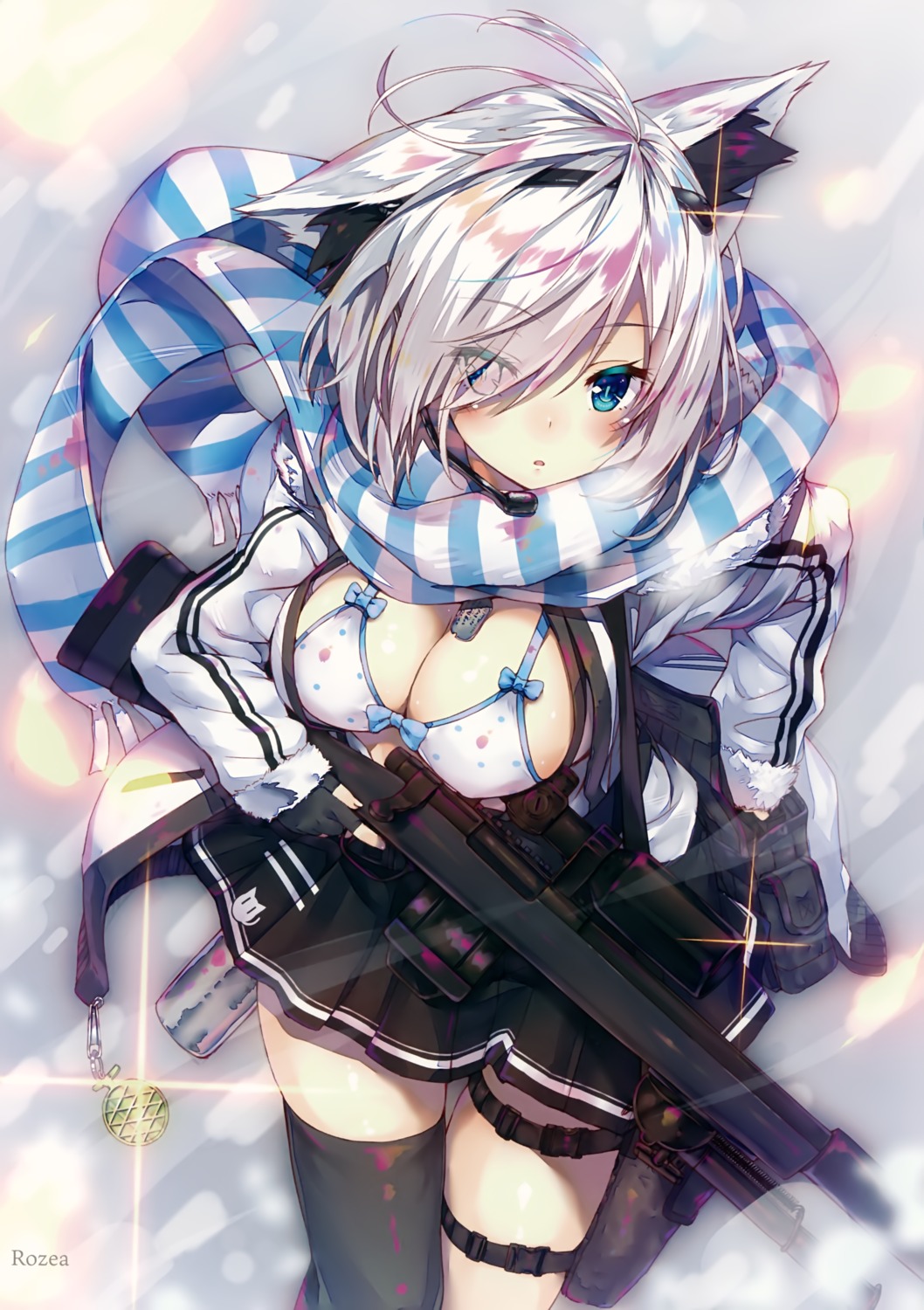 animal_ears bra cleavage garter gun open_shirt rozea thighhighs