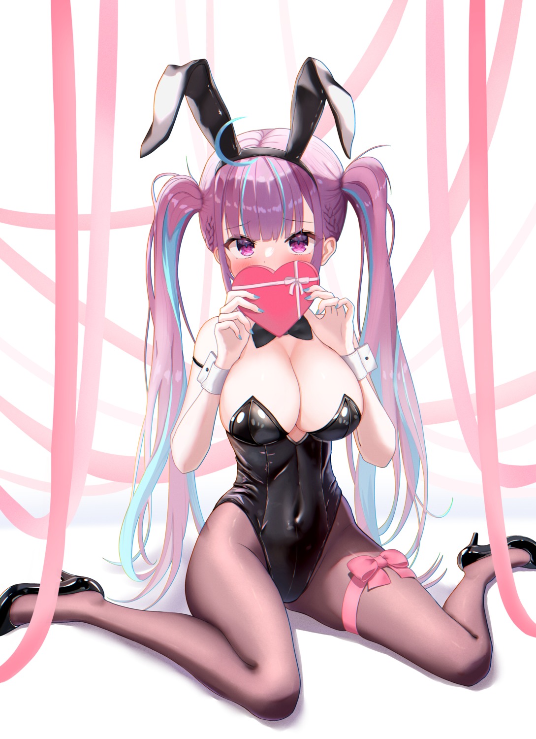 animal_ears bunny_ears bunny_girl garter hololive minato_aqua no_bra pantyhose valentine zero_ichi