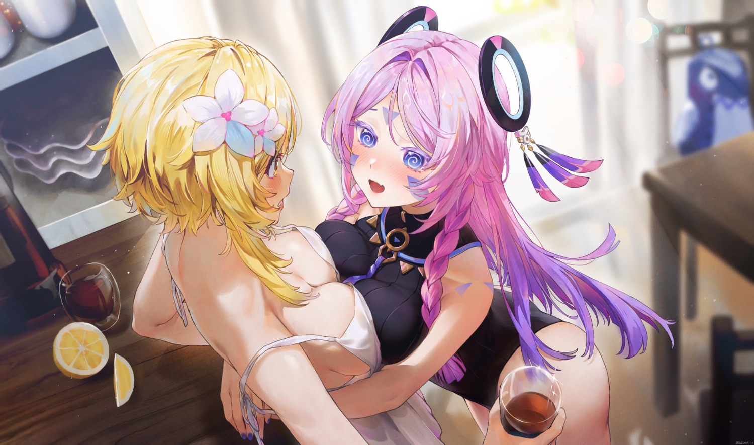 citlali genshin_impact leotard lumine naked_apron swkl:d symmetrical_docking tattoo yuri