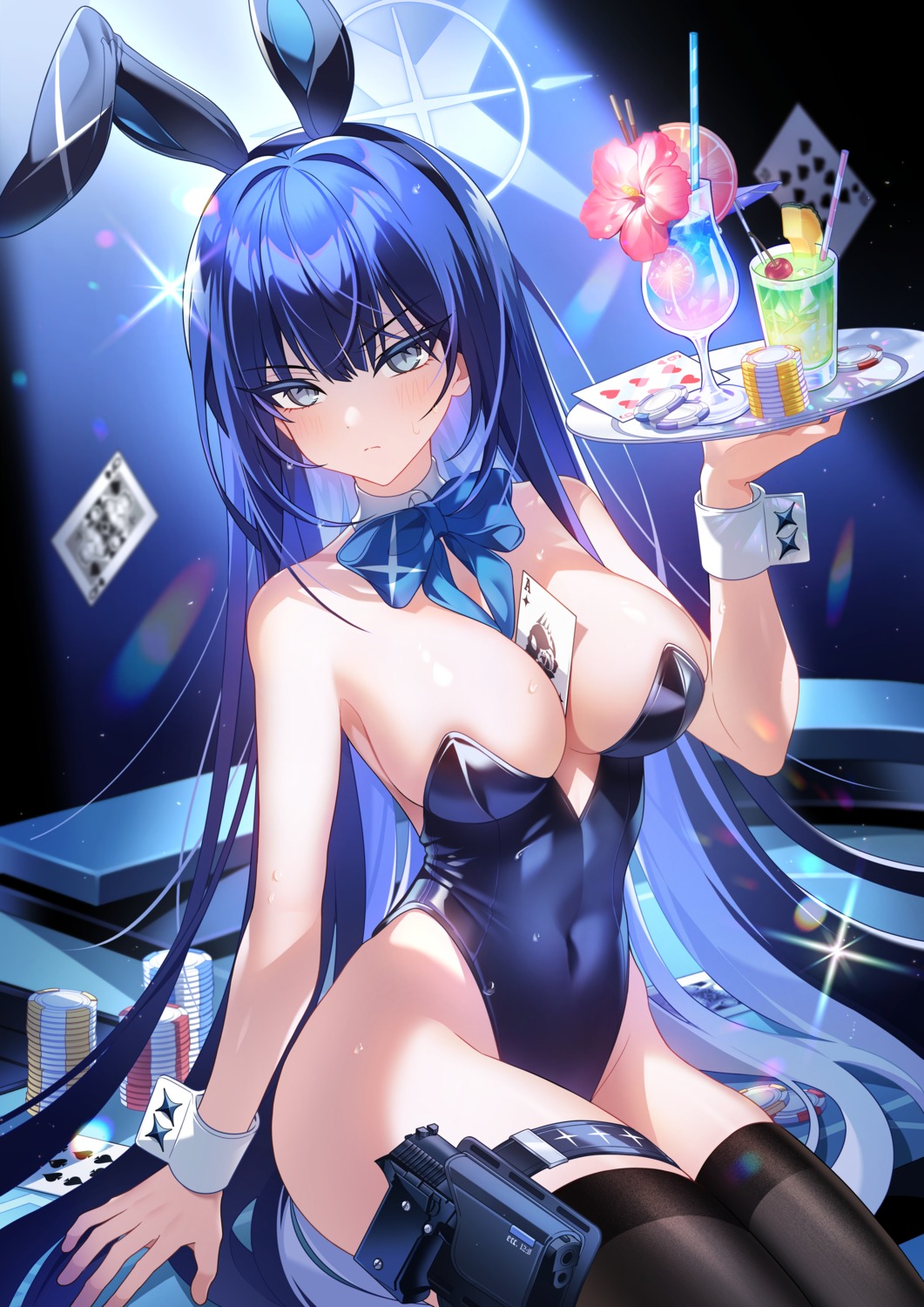 animal_ears blue_archive bunny_ears bunny_girl garter gun halo joumae_saori no_bra sanjidohu thighhighs waitress