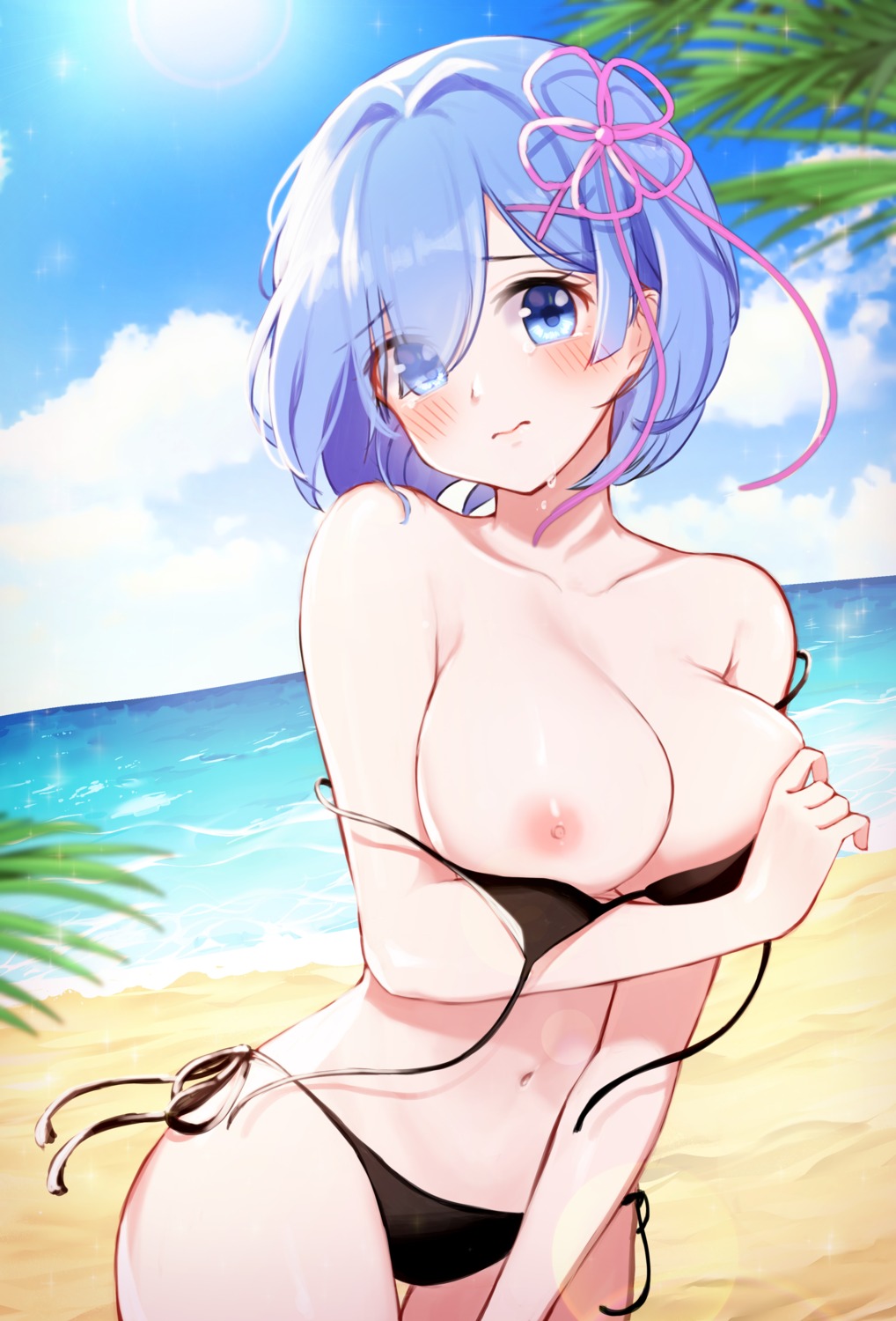 bikini breast_hold breasts gya_(144) nipples re_zero_kara_hajimeru_isekai_seikatsu rem_(re_zero) swimsuits wardrobe_malfunction