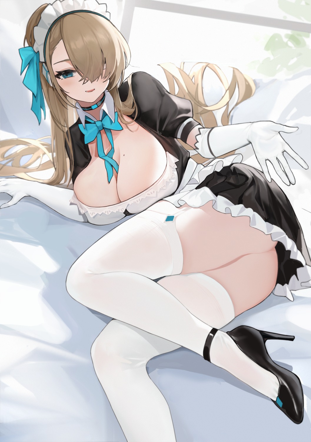 ass blue_archive heels ichinose_asuna maid no_bra nopan qijiu_shi_yu skirt_lift stockings thighhighs