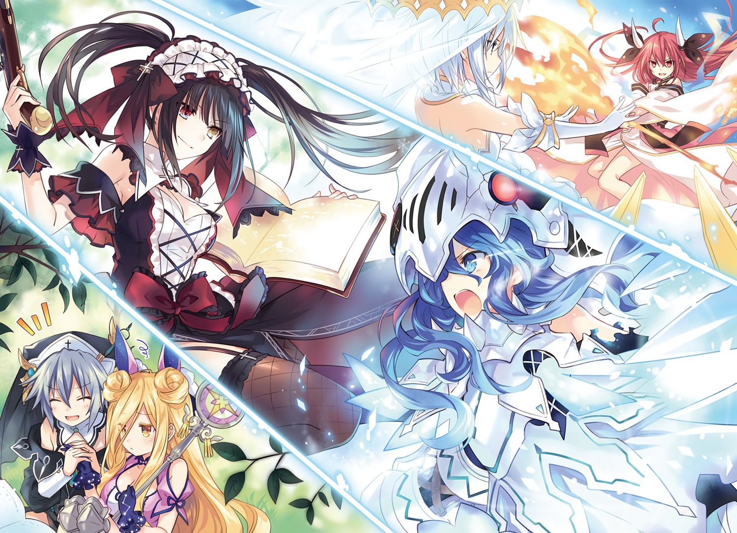 cleavage date_a_live detexted fishnets gothic_lolita gun heterochromia honjou_nia_(date_a_live) horns hoshimiya_mukuro itsuka_kotori lolita_fashion stockings thighhighs tobiichi_origami tokisaki_kurumi tsunako yoshino_(date_a_live)