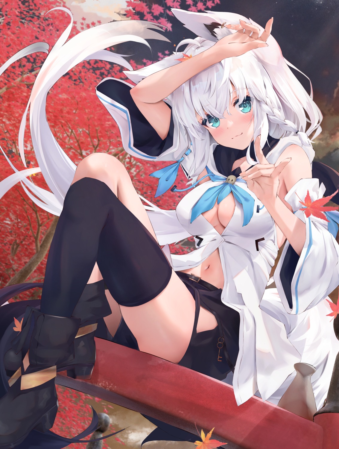 animal_ears hololive hololive_gamers kitsune no_bra open_shirt shirakami_fubuki tail thighhighs uechin_ewokaku