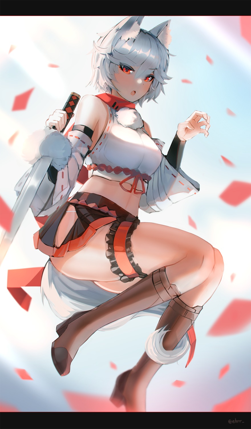 animal_ears ehrrr garter heels inubashiri_momiji sword tail touhou