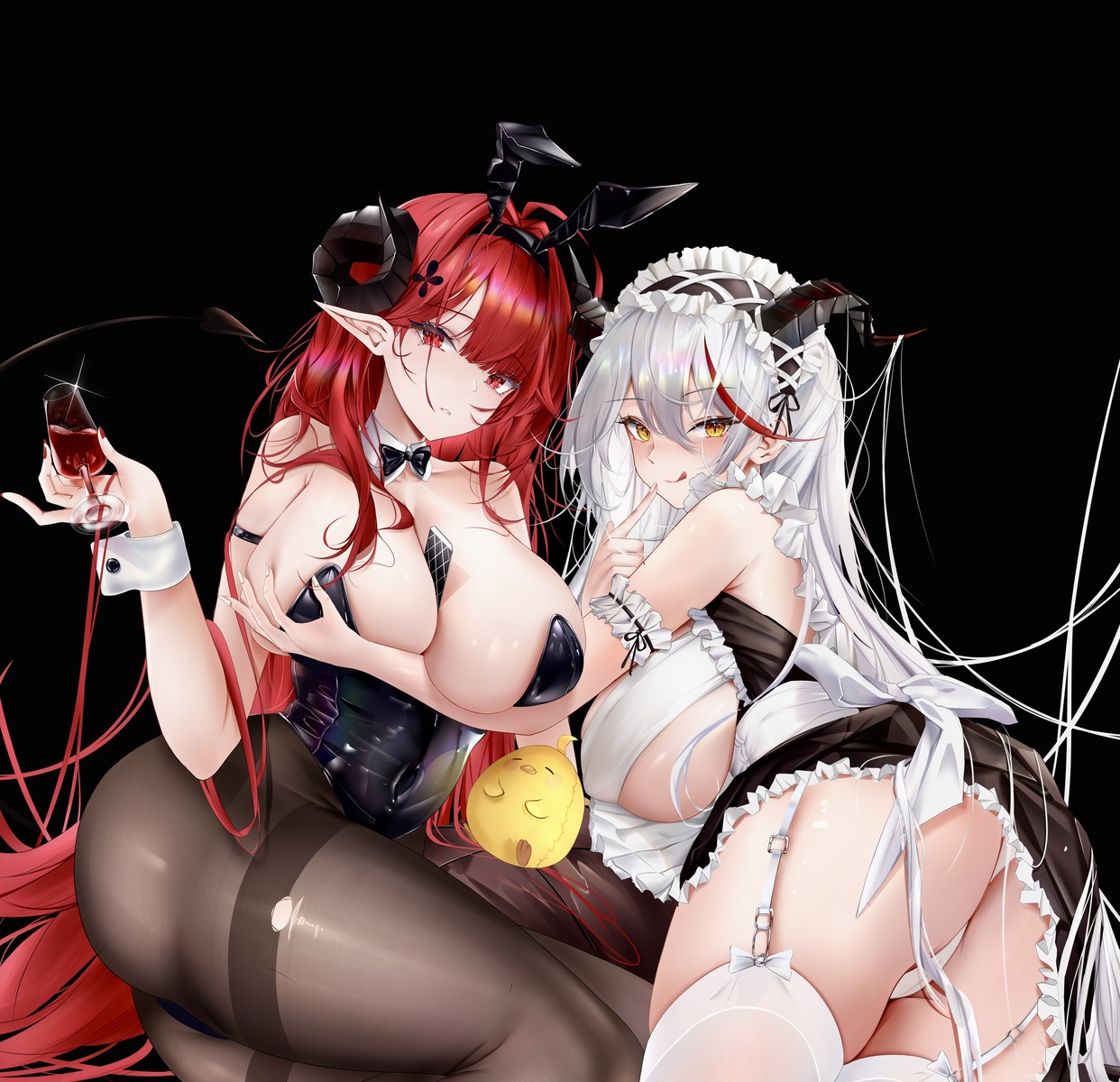 aegir_(azur_lane) animal_ears ass azur_lane breast_hold bunny_ears bunny_girl cameltoe hindenburg_(azur_lane) horns iue maid manjuu_(azur_lane) no_bra pantsu pointy_ears skirt_lift stockings thighhighs thong