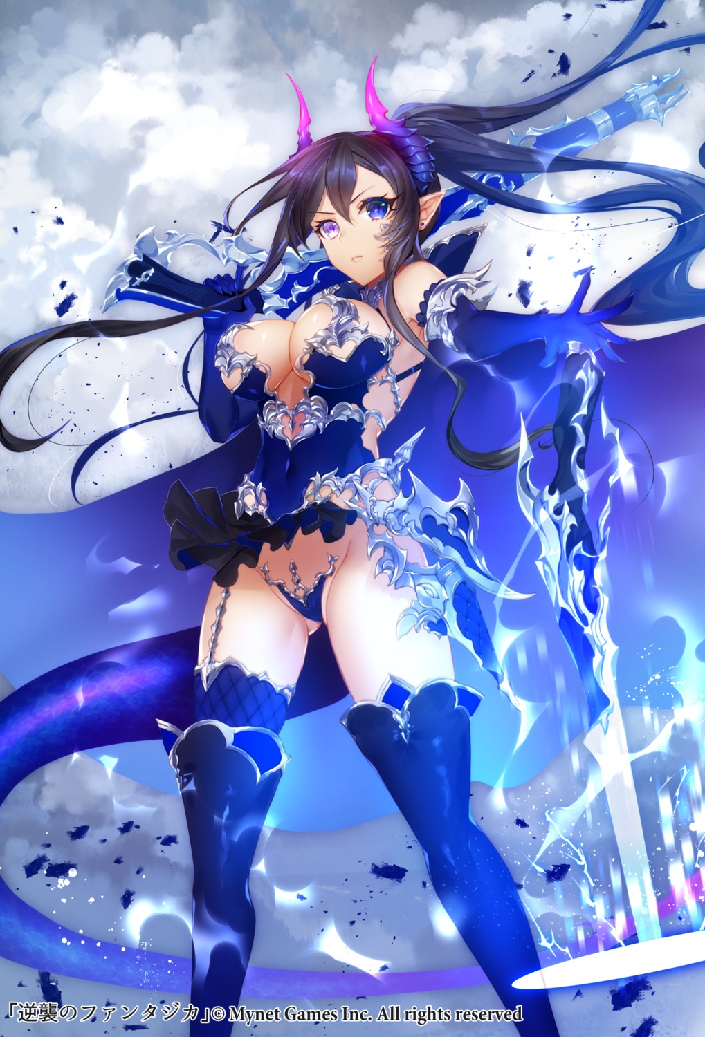 apt armor cleavage gun gyakushuu_no_fantasica heterochromia horns maebari no_bra nopan pointy_ears skirt_lift stockings sword tail thighhighs