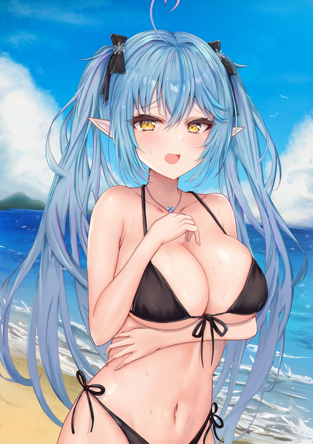 bikini breast_hold elf hololive mito_soosu pointy_ears swimsuits wet yukihana_lamy