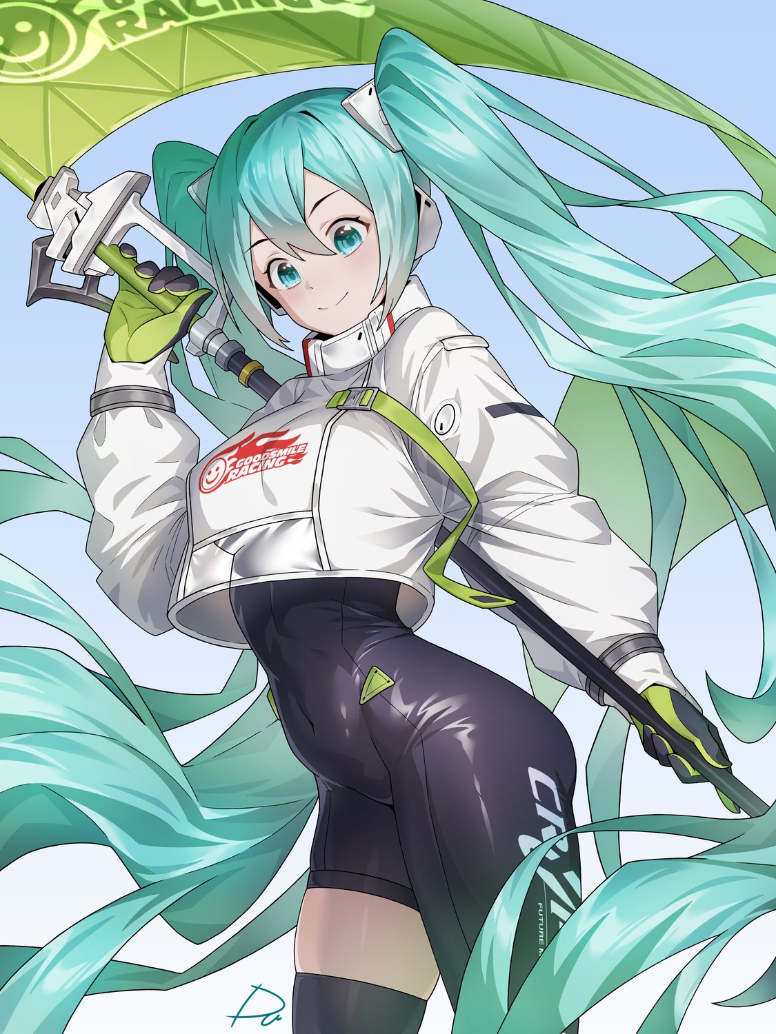 bodysuit goodsmile_racing hatsune_miku headphones racing_miku radjeong thighhighs vocaloid