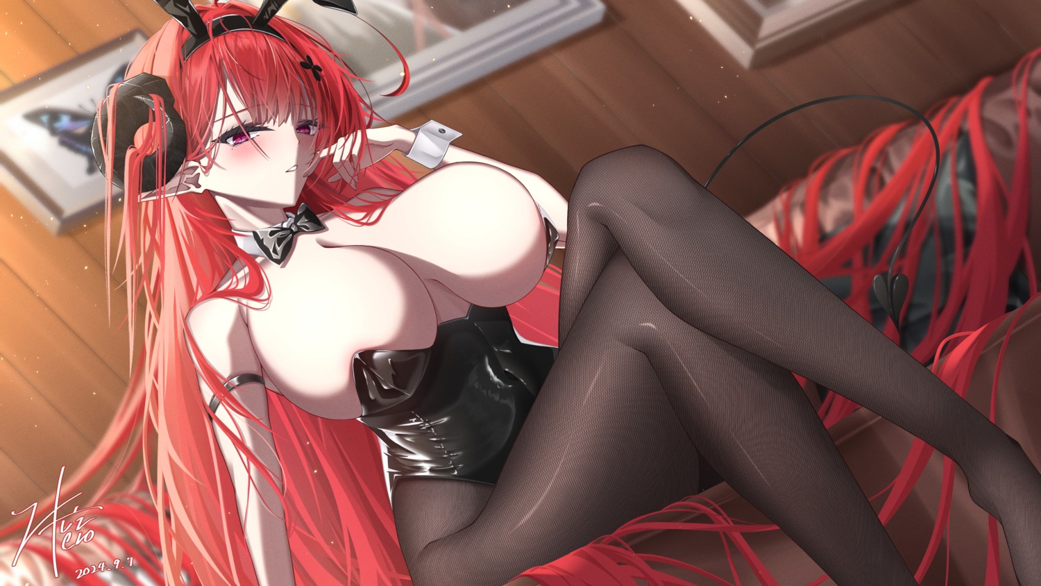 animal_ears azur_lane bunny_ears bunny_girl hindenburg_(azur_lane) horns no_bra pantyhose pointy_ears z_shitei_ero