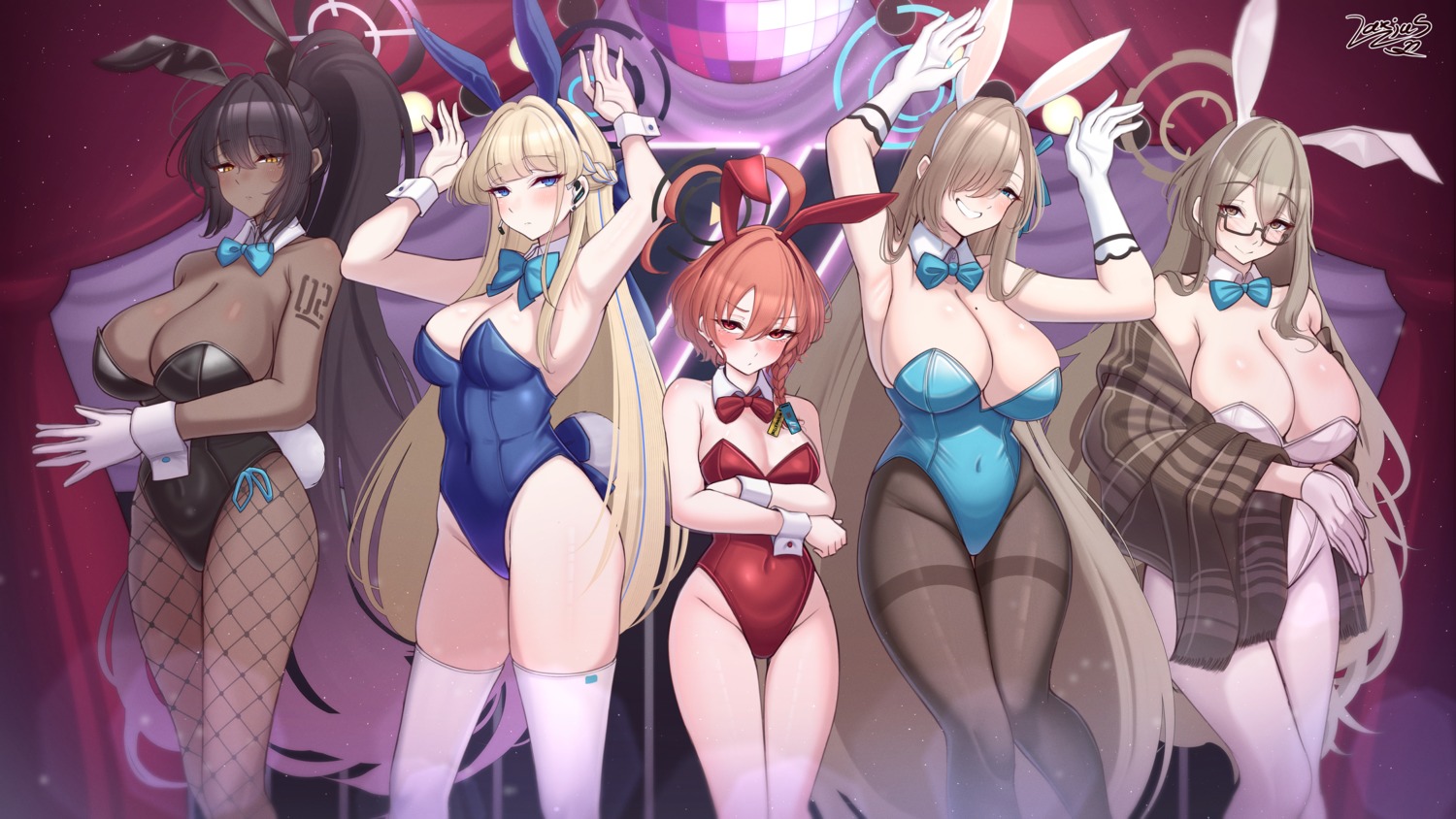 animal_ears asuma_toki blue_archive bunny_ears bunny_girl fishnets halo ichinose_asuna kakudate_karin laxiusart loli megane mikamo_neru murokasa_akane no_bra pantyhose tail tattoo thighhighs