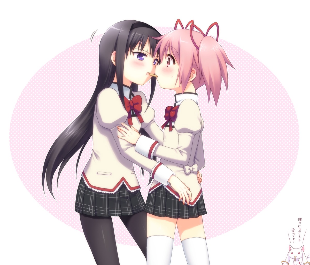 akemi_homura kaname_madoka kyubey mahou_shoujo_madoka_magica seifuku thighhighs usashiro_mani yuri